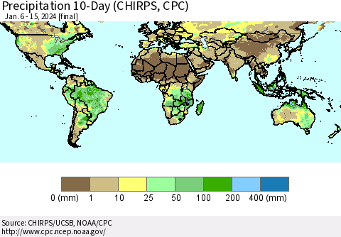 World Precipitation 10-Day (CHIRPS) Thematic Map For 1/6/2024 - 1/15/2024