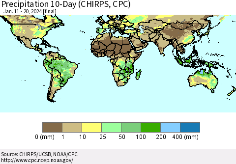 World Precipitation 10-Day (CHIRPS) Thematic Map For 1/11/2024 - 1/20/2024