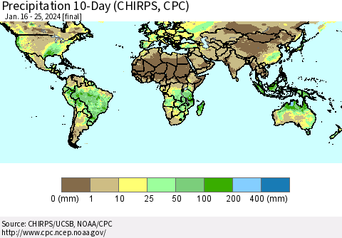 World Precipitation 10-Day (CHIRPS) Thematic Map For 1/16/2024 - 1/25/2024