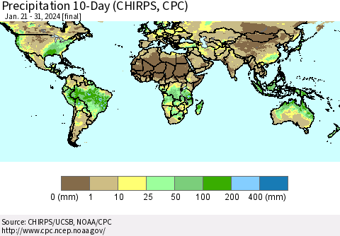 World Precipitation 10-Day (CHIRPS) Thematic Map For 1/21/2024 - 1/31/2024