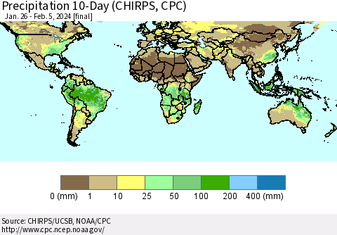 World Precipitation 10-Day (CHIRPS) Thematic Map For 1/26/2024 - 2/5/2024