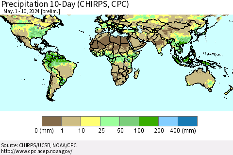 World Precipitation 10-Day (CHIRPS) Thematic Map For 5/1/2024 - 5/10/2024