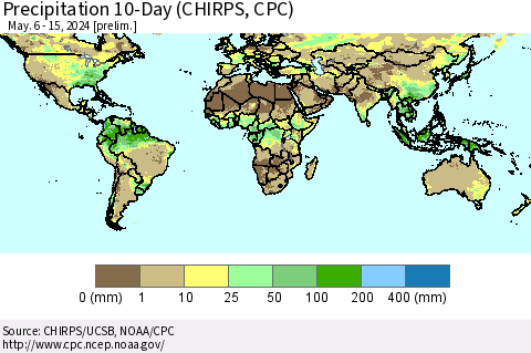 World Precipitation 10-Day (CHIRPS) Thematic Map For 5/6/2024 - 5/15/2024