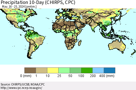 World Precipitation 10-Day (CHIRPS) Thematic Map For 5/16/2024 - 5/25/2024