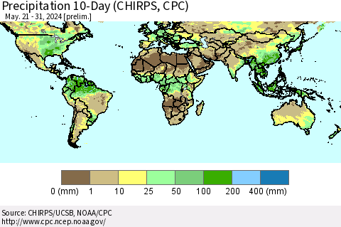 World Precipitation 10-Day (CHIRPS) Thematic Map For 5/21/2024 - 5/31/2024
