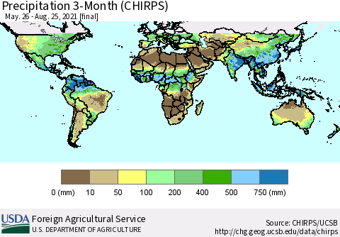 World Precipitation 3-Month (CHIRPS) Thematic Map For 5/26/2021 - 8/25/2021