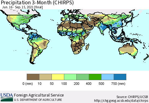 World Precipitation 3-Month (CHIRPS) Thematic Map For 6/16/2021 - 9/15/2021