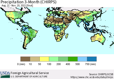 World Precipitation 3-Month (CHIRPS) Thematic Map For 8/21/2021 - 11/20/2021