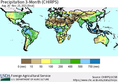 World Precipitation 3-Month (CHIRPS) Thematic Map For 8/26/2021 - 11/25/2021