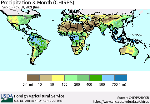 World Precipitation 3-Month (CHIRPS) Thematic Map For 9/1/2021 - 11/30/2021