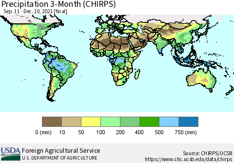 World Precipitation 3-Month (CHIRPS) Thematic Map For 9/11/2021 - 12/10/2021