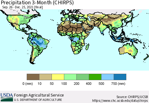 World Precipitation 3-Month (CHIRPS) Thematic Map For 9/26/2021 - 12/25/2021