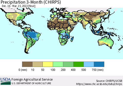 World Precipitation 3-Month (CHIRPS) Thematic Map For 12/16/2021 - 3/15/2022