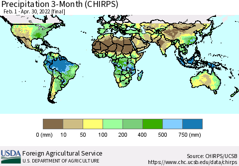 World Precipitation 3-Month (CHIRPS) Thematic Map For 2/1/2022 - 4/30/2022