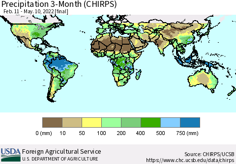 World Precipitation 3-Month (CHIRPS) Thematic Map For 2/11/2022 - 5/10/2022