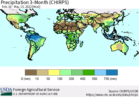 World Precipitation 3-Month (CHIRPS) Thematic Map For 2/16/2022 - 5/15/2022