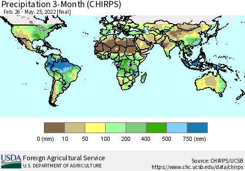 World Precipitation 3-Month (CHIRPS) Thematic Map For 2/26/2022 - 5/25/2022