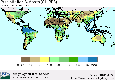 World Precipitation 3-Month (CHIRPS) Thematic Map For 3/6/2022 - 6/5/2022