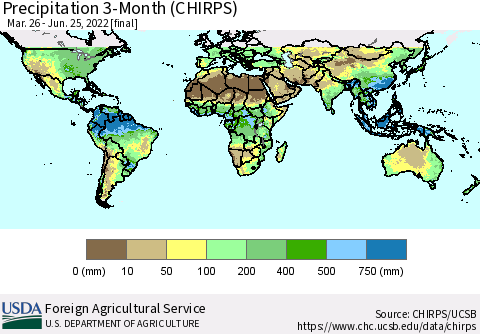 World Precipitation 3-Month (CHIRPS) Thematic Map For 3/26/2022 - 6/25/2022