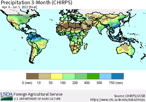 World Precipitation 3-Month (CHIRPS) Thematic Map For 4/6/2022 - 7/5/2022