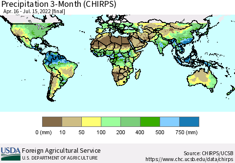 World Precipitation 3-Month (CHIRPS) Thematic Map For 4/16/2022 - 7/15/2022