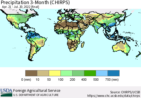 World Precipitation 3-Month (CHIRPS) Thematic Map For 4/21/2022 - 7/20/2022