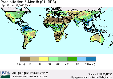 World Precipitation 3-Month (CHIRPS) Thematic Map For 4/26/2022 - 7/25/2022