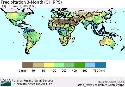 World Precipitation 3-Month (CHIRPS) Thematic Map For 8/11/2022 - 11/10/2022