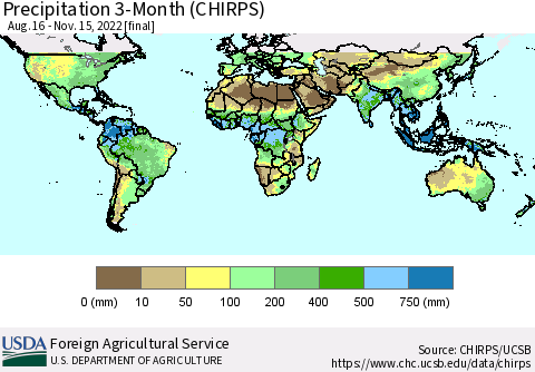 World Precipitation 3-Month (CHIRPS) Thematic Map For 8/16/2022 - 11/15/2022