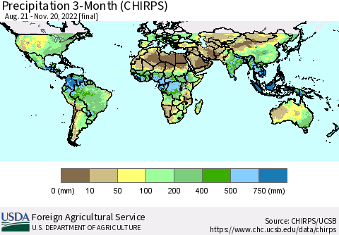 World Precipitation 3-Month (CHIRPS) Thematic Map For 8/21/2022 - 11/20/2022