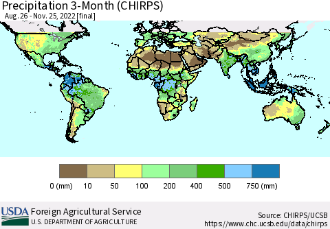 World Precipitation 3-Month (CHIRPS) Thematic Map For 8/26/2022 - 11/25/2022