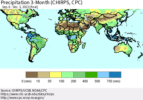 World Precipitation 3-Month (CHIRPS) Thematic Map For 9/6/2022 - 12/5/2022