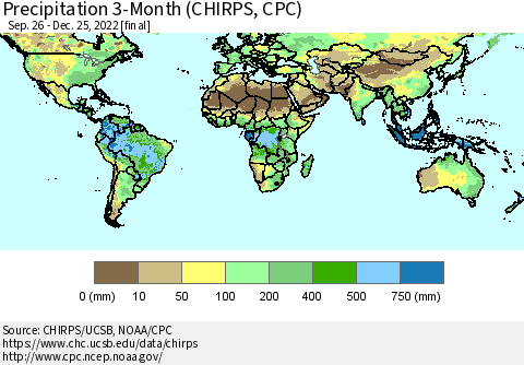 World Precipitation 3-Month (CHIRPS) Thematic Map For 9/26/2022 - 12/25/2022