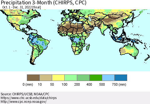 World Precipitation 3-Month (CHIRPS) Thematic Map For 10/1/2022 - 12/31/2022