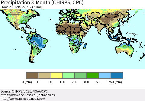 World Precipitation 3-Month (CHIRPS) Thematic Map For 11/26/2022 - 2/25/2023