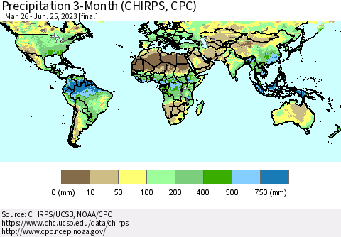 World Precipitation 3-Month (CHIRPS) Thematic Map For 3/26/2023 - 6/25/2023