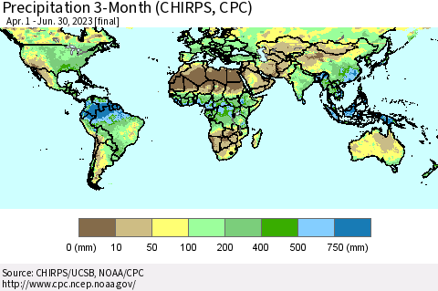 World Precipitation 3-Month (CHIRPS) Thematic Map For 4/1/2023 - 6/30/2023