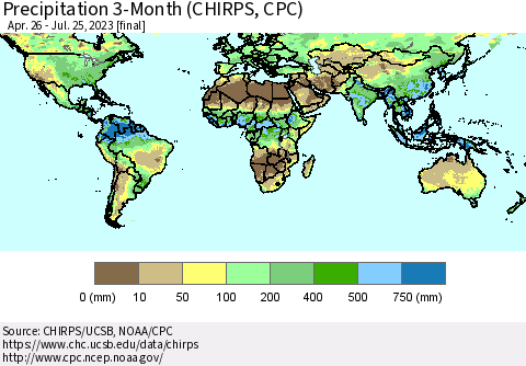 World Precipitation 3-Month (CHIRPS) Thematic Map For 4/26/2023 - 7/25/2023