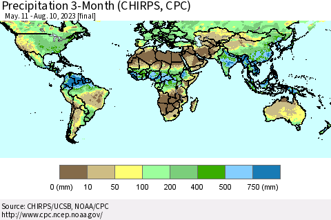 World Precipitation 3-Month (CHIRPS) Thematic Map For 5/11/2023 - 8/10/2023