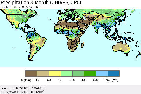 World Precipitation 3-Month (CHIRPS) Thematic Map For 6/11/2023 - 9/10/2023