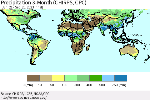 World Precipitation 3-Month (CHIRPS) Thematic Map For 6/21/2023 - 9/20/2023