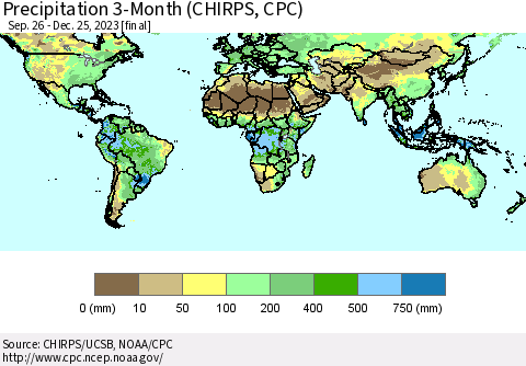 World Precipitation 3-Month (CHIRPS) Thematic Map For 9/26/2023 - 12/25/2023