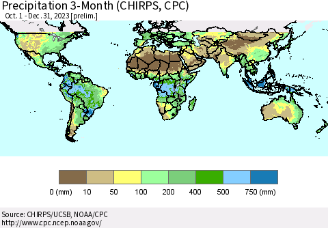 World Precipitation 3-Month (CHIRPS) Thematic Map For 10/1/2023 - 12/31/2023