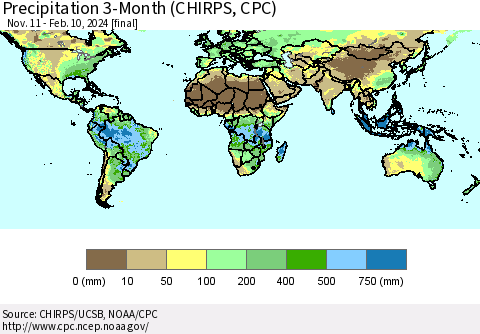 World Precipitation 3-Month (CHIRPS) Thematic Map For 11/11/2023 - 2/10/2024