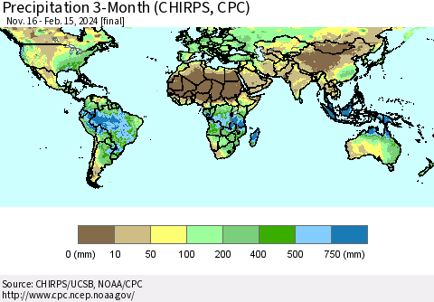 World Precipitation 3-Month (CHIRPS) Thematic Map For 11/16/2023 - 2/15/2024