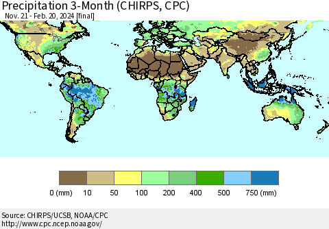 World Precipitation 3-Month (CHIRPS) Thematic Map For 11/21/2023 - 2/20/2024
