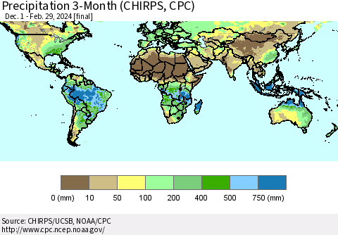World Precipitation 3-Month (CHIRPS) Thematic Map For 12/1/2023 - 2/29/2024