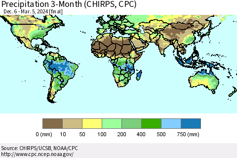 World Precipitation 3-Month (CHIRPS) Thematic Map For 12/6/2023 - 3/5/2024