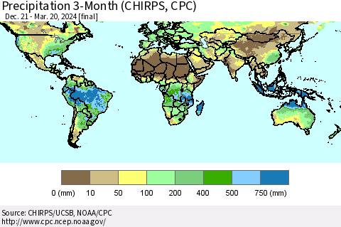 World Precipitation 3-Month (CHIRPS) Thematic Map For 12/21/2023 - 3/20/2024
