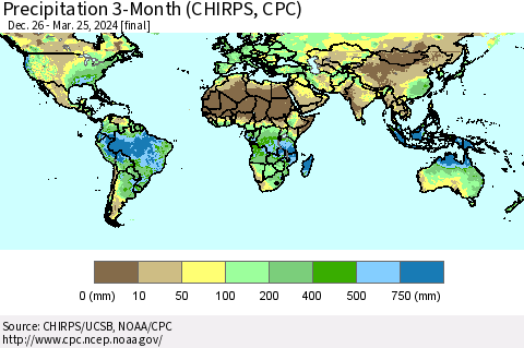World Precipitation 3-Month (CHIRPS) Thematic Map For 12/26/2023 - 3/25/2024